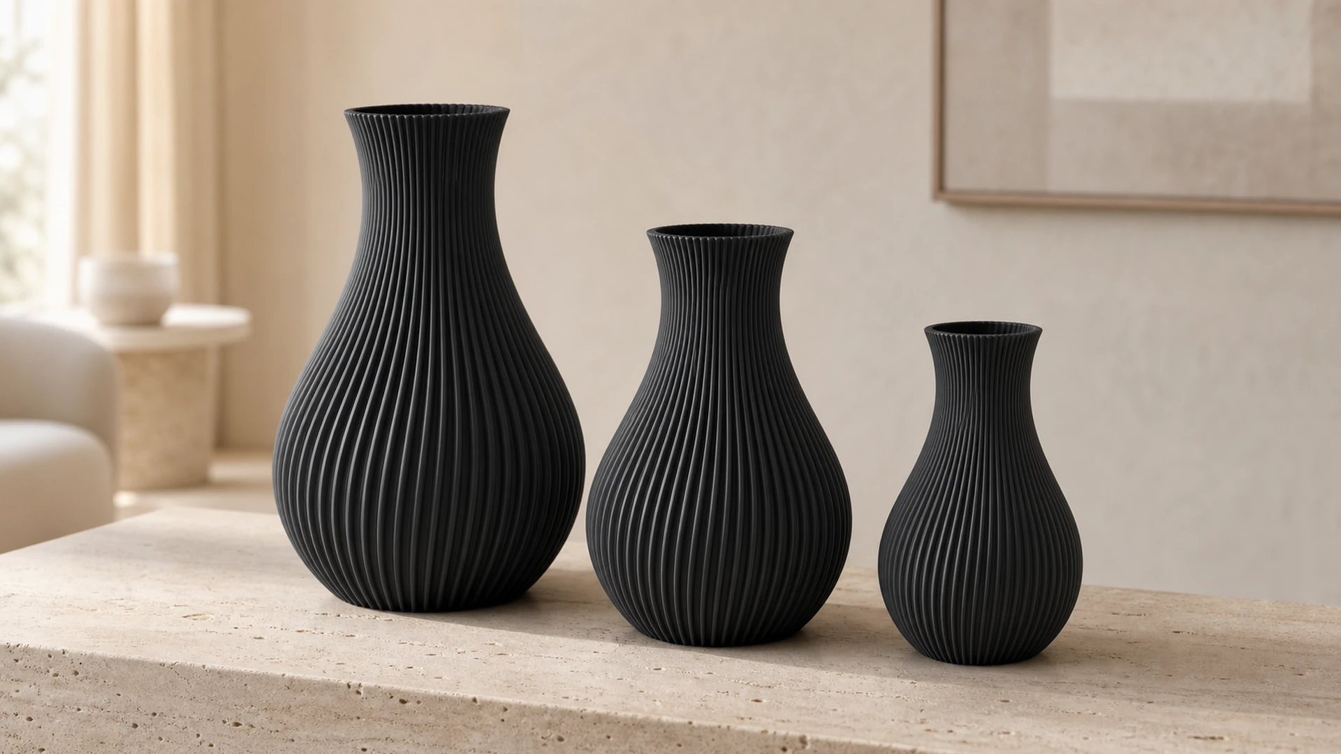 Pleat vessel in Deep Black, on an oak shelf